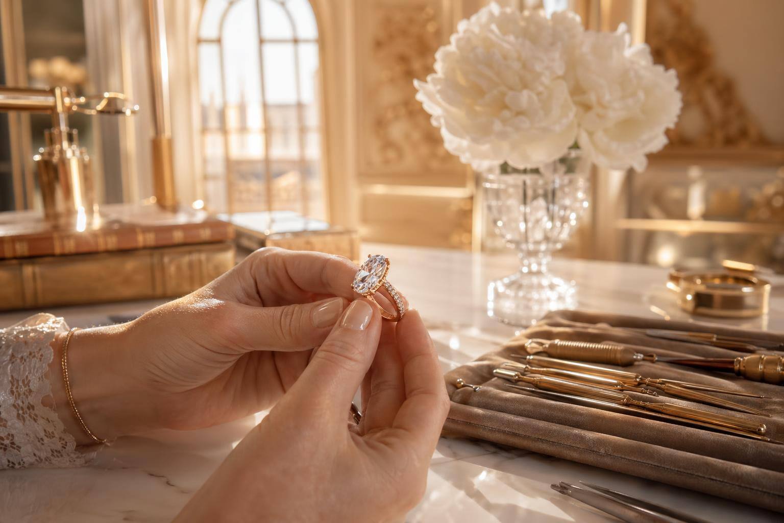 A jeweler's hands setting a lab-grown diamond into a gold engagement ring at the Mirage Garden atelier